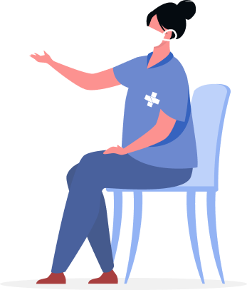ilustração de uma enfermeira sentada de mascara com roupa da cor azul onde está estampada em sua blusa a logo do SUS(Sistema único de saúde).